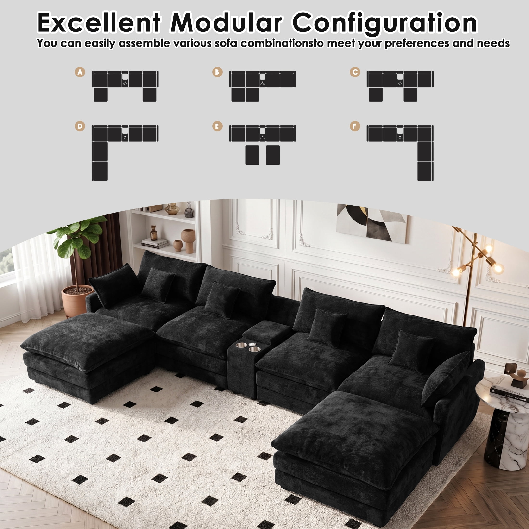 Wakefit 145" U Shaped Sectional Couch, Oversized Modular Sectional Sofa, 5 Seater Chenille Cloud Couch with Hidden Storage, USB Ports & Cup Holders for Living Room, Black