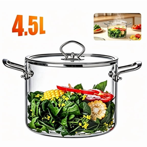 Glass Cooking Pot Simmer Pot with Lid & Handles, 4.5L / 4.77QT Heat Resistant Simmer Pot for Cooking On Ceramic Cooktop, Clear Glass Cookware