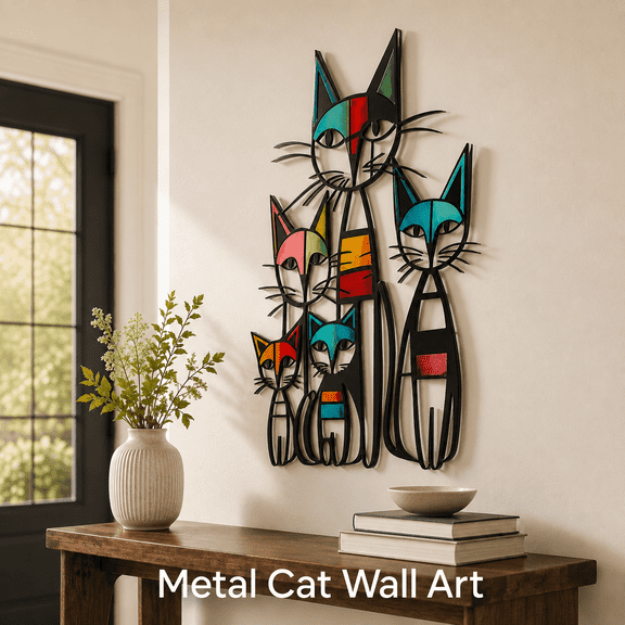 MORAVE Colorful Metal Cat Wall Art, Retro Mid Century Wall Sculptures, 10.6 x 15.7 Inches Decor for Living Room Bedroom Kitchen Office