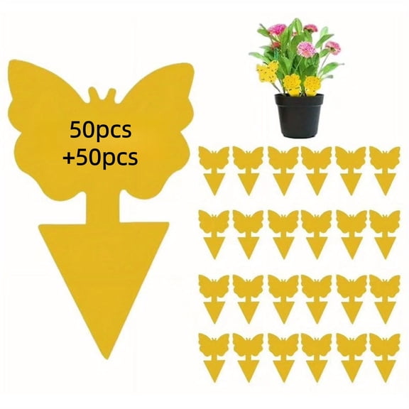 100 Pack Yellow Sticky Traps for Indoor Outdoor House Plant Flying Insect Catcher Like Fungus Gnats, Whiteflies, Aphids, Thrips, Other Flying Plant Insects(Butterfly)
