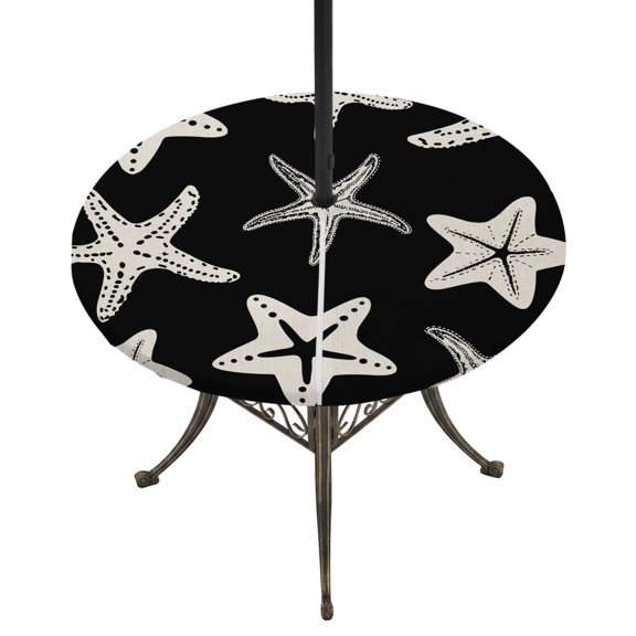 Round Outdoor Tablecloth with Umbrella Hole and Zipper, Black Starfish Coastal Tablecloth with Elastic Waterproof, Nautical Summer Ocean Abstract Art Patio Table Covers for 55" - 60" Pool Tables