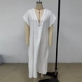thumbnail image 7 of LNWUY Women's V Neck Linen Maxi Dress with Lace Trim Short Sleeve Solid Color Loose Pocket Long Dress Summer Casual Beach Dress White XXL, 7 of 7