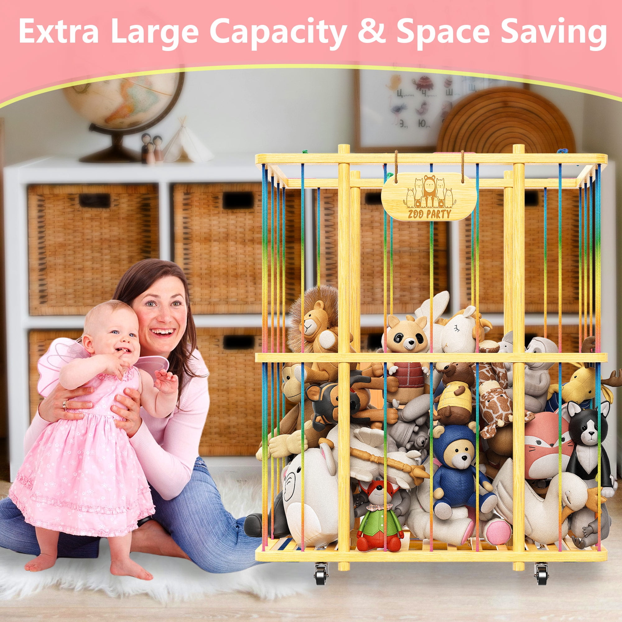 Large Stuffed Animal Zoo Storage Cage, Plush Toy Storage Organizer with Wheels, Bamboo Stuffed Animal Holder, Creative Stuffed Animal Storage for Nursery Playroom