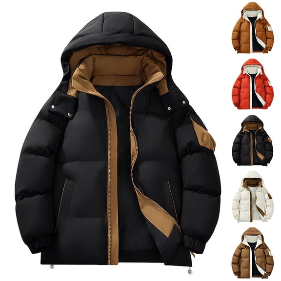 Winter Coats Puffer Jacket for Men Color Block Hooded Thick Quilted Insulated Winter Coat Zip Up Windproof Loose Fit Casual Snow Outerwear 5 Contrast Color Options Available