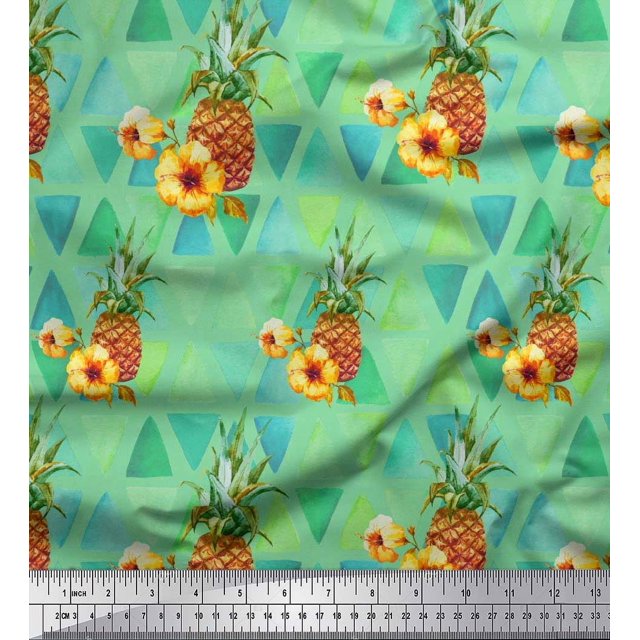 Soimoi Green polyester Crepe Fabric Triangle & Pine Fruits Print Fabric by Yard 42 Inch Wide