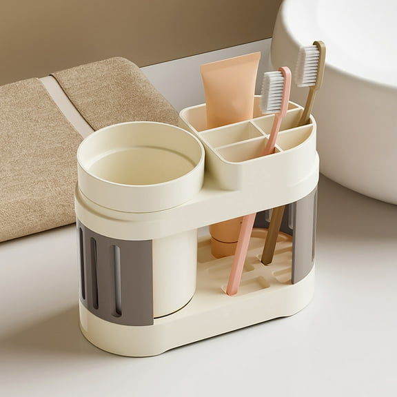 Bathroom Toothbrush Holder with Cup, Compact Countertop Organizer for Toothpaste & Brushes, Simple Plastic Tray ,bathroom organizers, toothbrush stand,WH1,1PC,