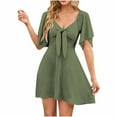 thumbnail image 1 of Staron Liquidation Robes d'Été pour Femmes 2025 Tendance Nœud Papillon Col en V Robe Ample Printemps Décontractée Élégante Manches Courtes Fluide Ligne A Mini Robes Vert Armée G, 1 of 5