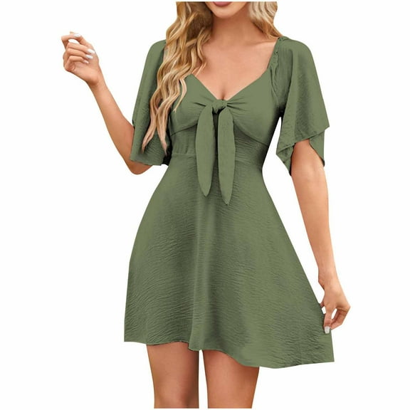qucoqpe Womens Summer Mini Dress Sexy V Neck Short Sleeve Bow Fold Retract Waist Sun Dress Casual Pleated Ruffle Flowy Dress Beach Dress