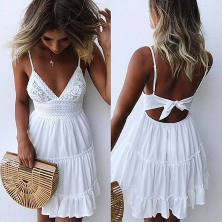 Aimik Womens Lace Short White Wedding Dress V-Neck Spaghetti Strap Bowknot Backless Sleeveless Mini Summer Party Beach Sun Dresses