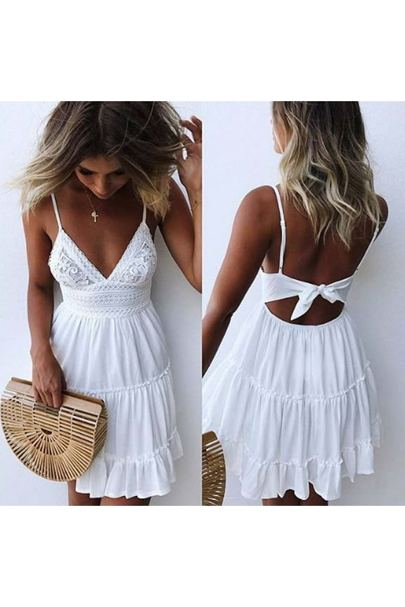 Womens Lace Short White Wedding Dress V-Neck Spaghetti Strap Bowknot Backless Sleeveless Mini Summer Party Beach Sun Dresses
