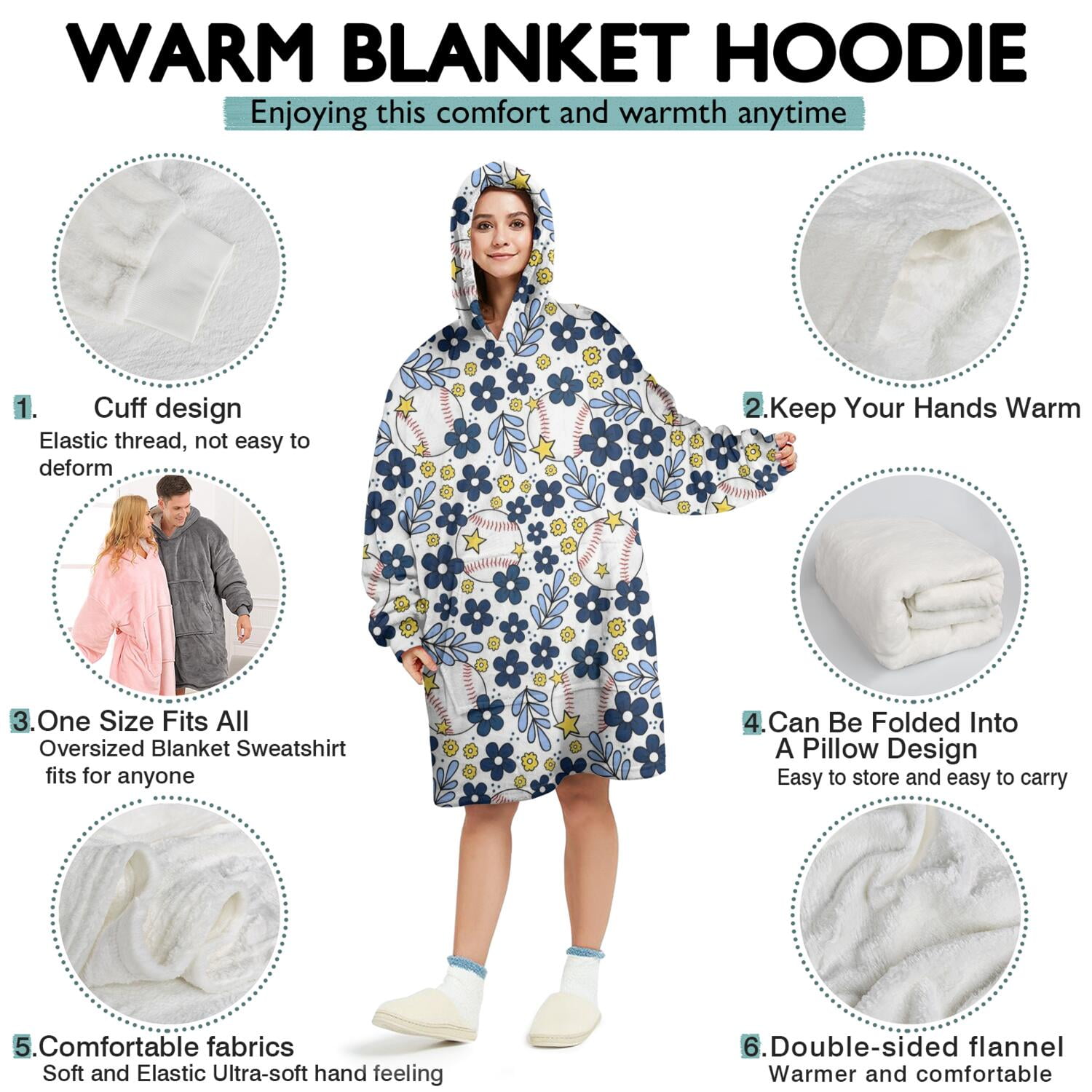 Blue Baseballs with Yellow Flowers Pattern Wearable Oversized Blanket,Wearable Blanket Hoodie for Adults,Cozy Hooded Blankets with Super Pockets,Super Warm Fuzzy Pullover for Women & Men