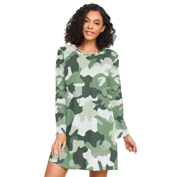 FORMRS Womens Long Sleeve Nightgowns Crew Neck Sleep Shirt Soft Pajamas Sizes S-3XL, Army Green Camouflage Pattern