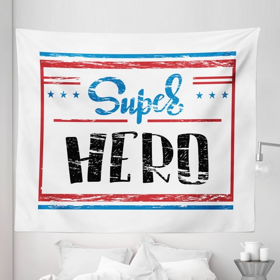 Calligraphy Tapestry, Super Hero Lettering in Grunge Tones with Stripes and Stars USA Colors, Fabric Wall Hanging Decor for Bedroom Living Room Dorm, 5 Sizes, Red Blue and White, by Ambesonne