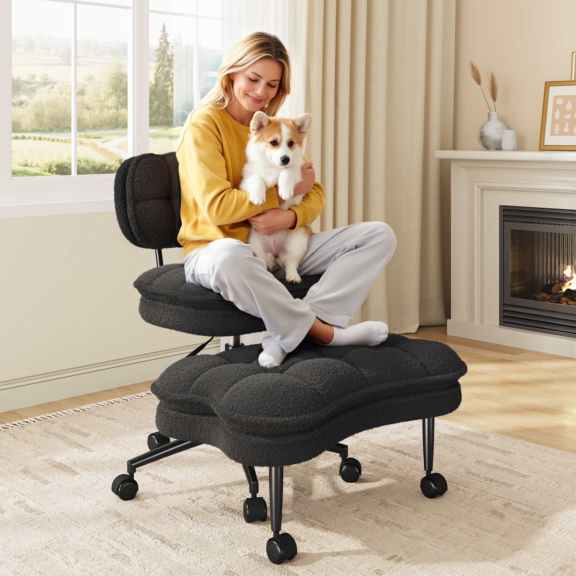 Romorgniz Ergonomic Cross Legged Office Chair 360° Swivel Meditation Chair with Wheels, Kneeling Desk Chair with Height Adjustable Seat, Black
