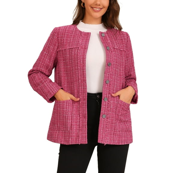 INSPIRE CHIC Women's Tweed Jacket Single Breasted Collarless Fringed Blazer S Pink