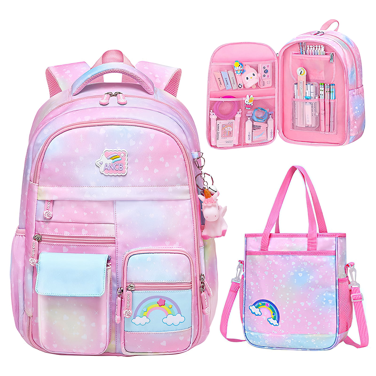 Kadyn Girls Backpack, Waterproof Princess School Backpacks for Teen Girl Kid Students, Cute Book Bag with Compartments and Lunch Bag, Pink Kadyn Girls Backpack, Waterproof Princess School Backpacks for Teen Girl Kid Students, Cute Book Bag with Compartments and Lunch Bag, Pink