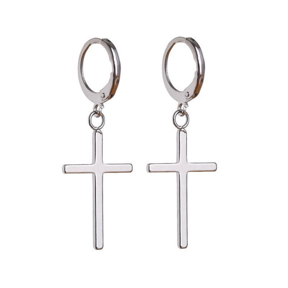 lanema Hypoallergenic Sterling Silver Crucifix Hinged Piercing Huggie Hoop Earrings Long Dangle Minimalist Jewelry Gift for Un