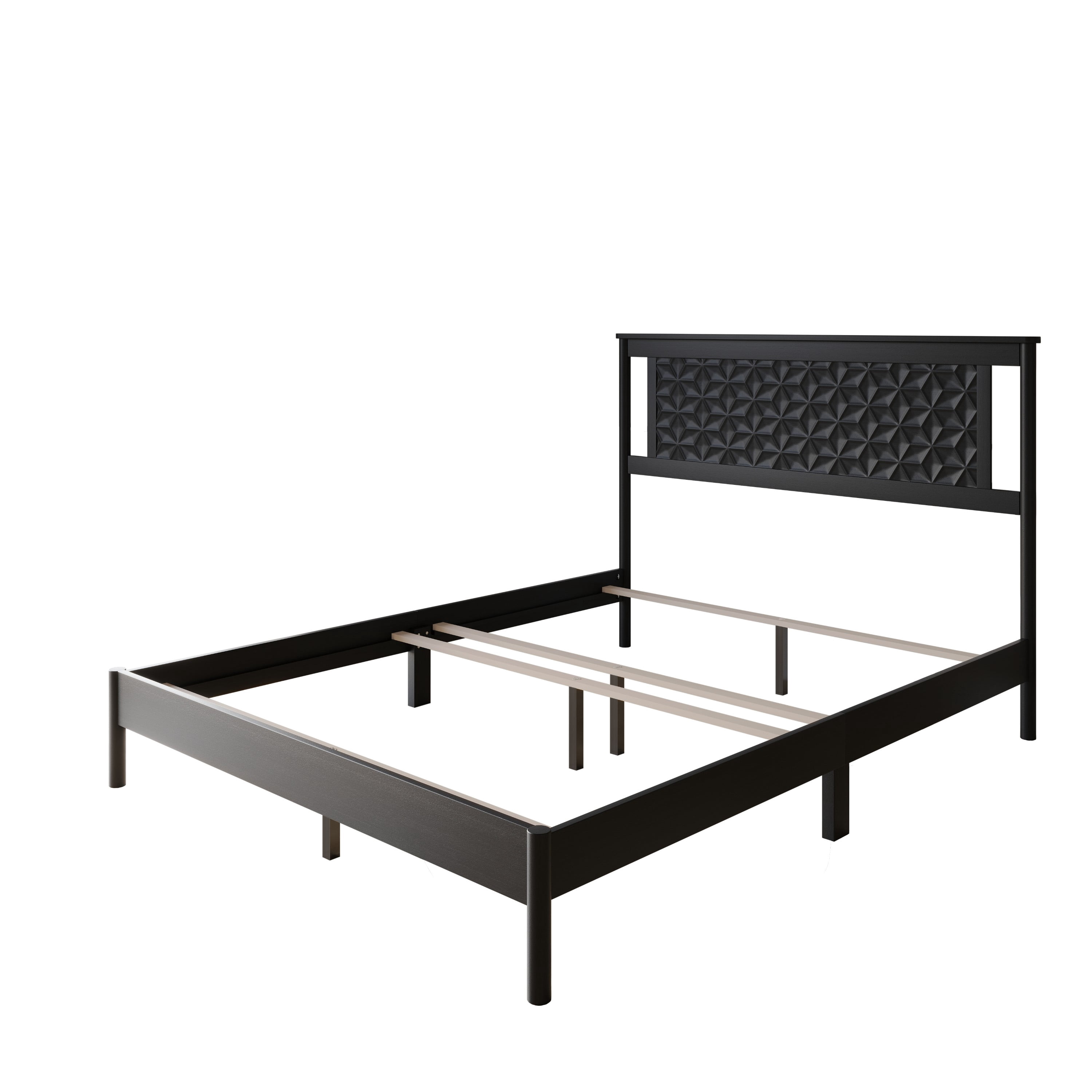 Home Design Tuskegee Queen Panel Bed Frame with Geometric Headboard and Solid Wood Frame, Black, Box Spring Required, Easy Assembly