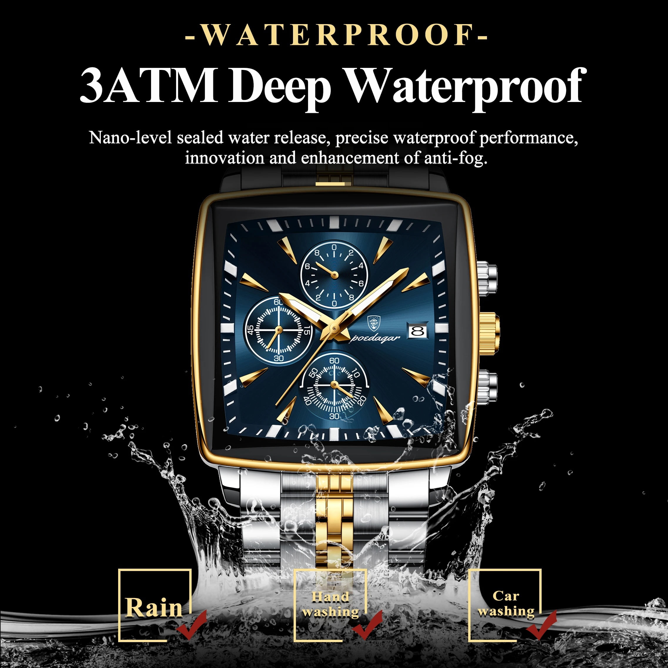 POEDAGAR Luxury Square Sport Man Wristwatch Waterproof Chronograph Stainless Steel Quartz Men's Watches