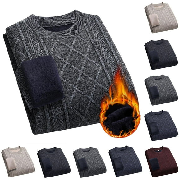 FRSASU Men's Crew Neck Pullover Sweater Long Sleeve Plus Velvet Thicken Base Knit Sweaters Lightweight Casual Middle-Aged and Elderly Warm Sweater Wine