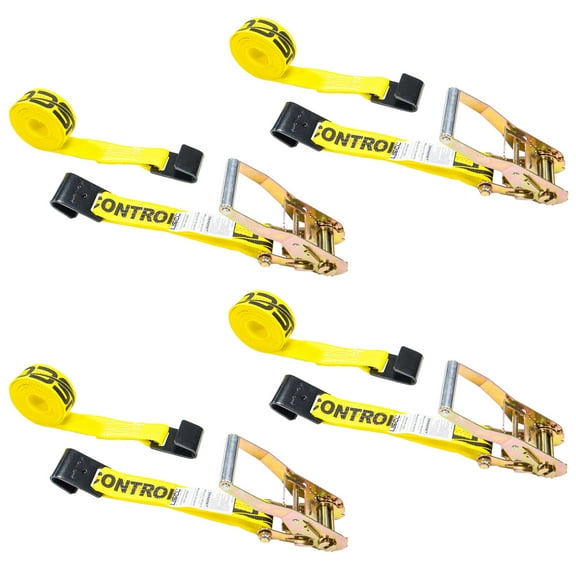 2" x 12' Yellow Ratchet Strap w/ Black Flat Hooks - 4 Pack