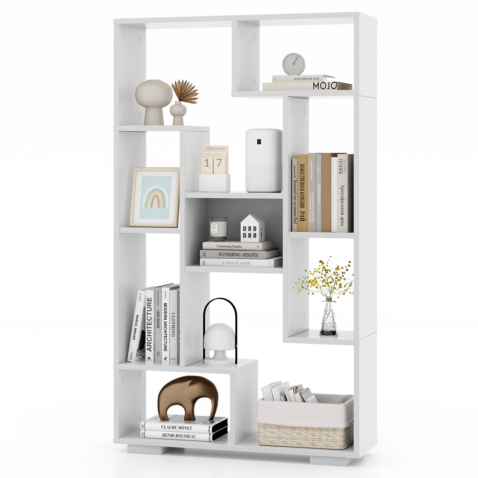 Giantex Geometric Bookshelf, 47 Inch Tall Bookcase w/Multiple Open Shelves, Freestanding 9 Cubes Bookshelf Storage Display, White