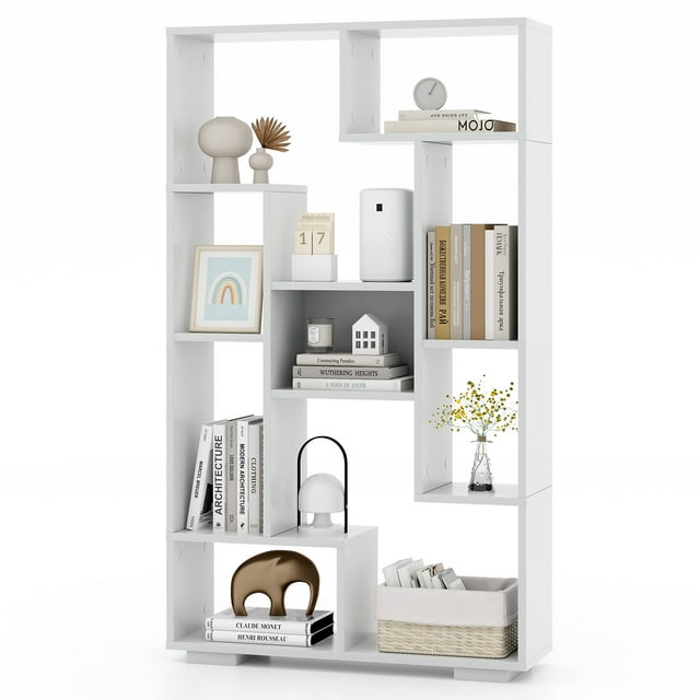 Patiojoy Geometric Bookshelf 47-Inch Bookcase w/ Multiple Open Shelves Anti-Tipping Devices Freestanding Book Storage Organizer White
