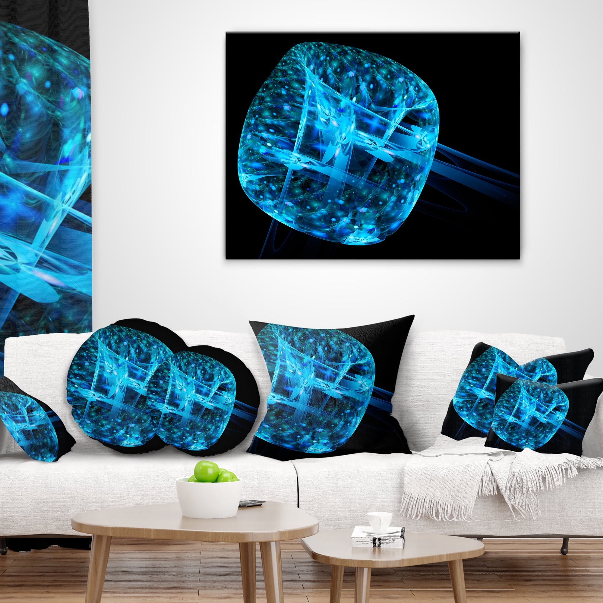 Designart Blue Fractal Cube in Dark - Abstract Throw Pillow - 16x16
