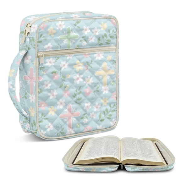 FOR U DESIGNS Cross Flower Blue Pattern Bible Cover Case Lightweight Bible Carrying Case Quilted Book Cover Bibles Organizer Cases Bible Carrier with Handle and Zipper