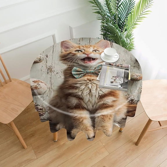 RKSupls 60 Inch Round Tablecloth, Ginger Cat Bowtie Premium Polyester Straight Edge Wrinkle Resistant Washable Table Cover for Party Home Dining Decor