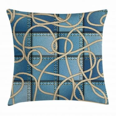 Farmhouse Decor Throw Pillow Cushion Cover, Various Patches of Denim in Sea with Sailor Knot Rope on Foreground Image Art, Decorative Square Accent Pillow Case, 20 X 20 Inches, Blue, by Ambesonne