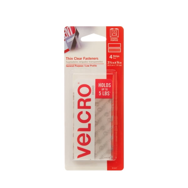VELCRO Brand - Thin Clear Fasteners | General Purpose/ Low Profile | Perfect for Home, Classroom or Office, 3 1/2in x 3/4in Strips Clear 4 ct