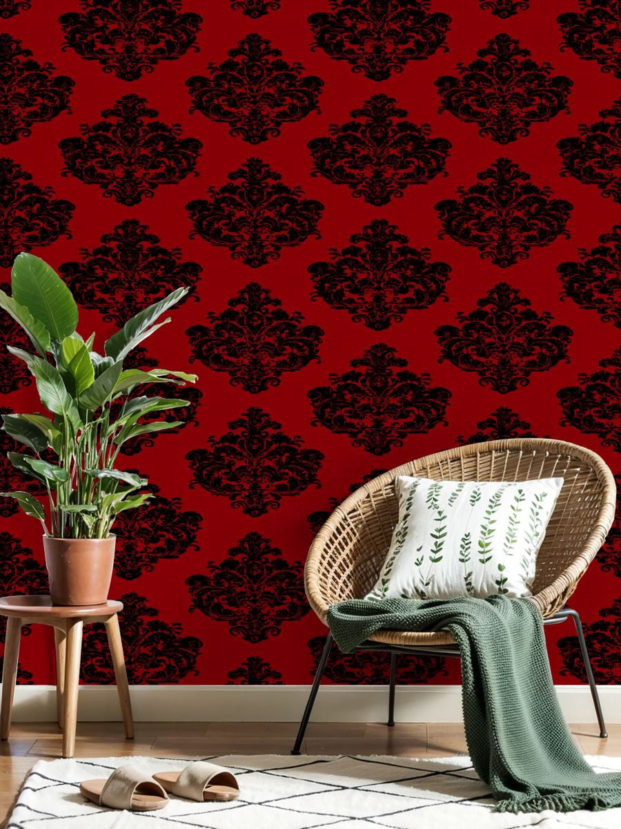 Vintage Peel and Stick Wallpaper Black Red Floral Damask Vintage Elegance baroque Wall Mural 17.7in x 9.8ft Self Adhesive Removable Wall Paper Renter Friendly Wallpaper for Bedroom Livingroom Office