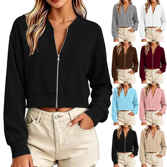 DIOAZUD Women's Cropped Zip up Sweatshirts Long Sleeve Full Zip Sweatshirt Jacket Collarless V Neck Casual Crop Cardigan Fall Clothes Black S-XXL