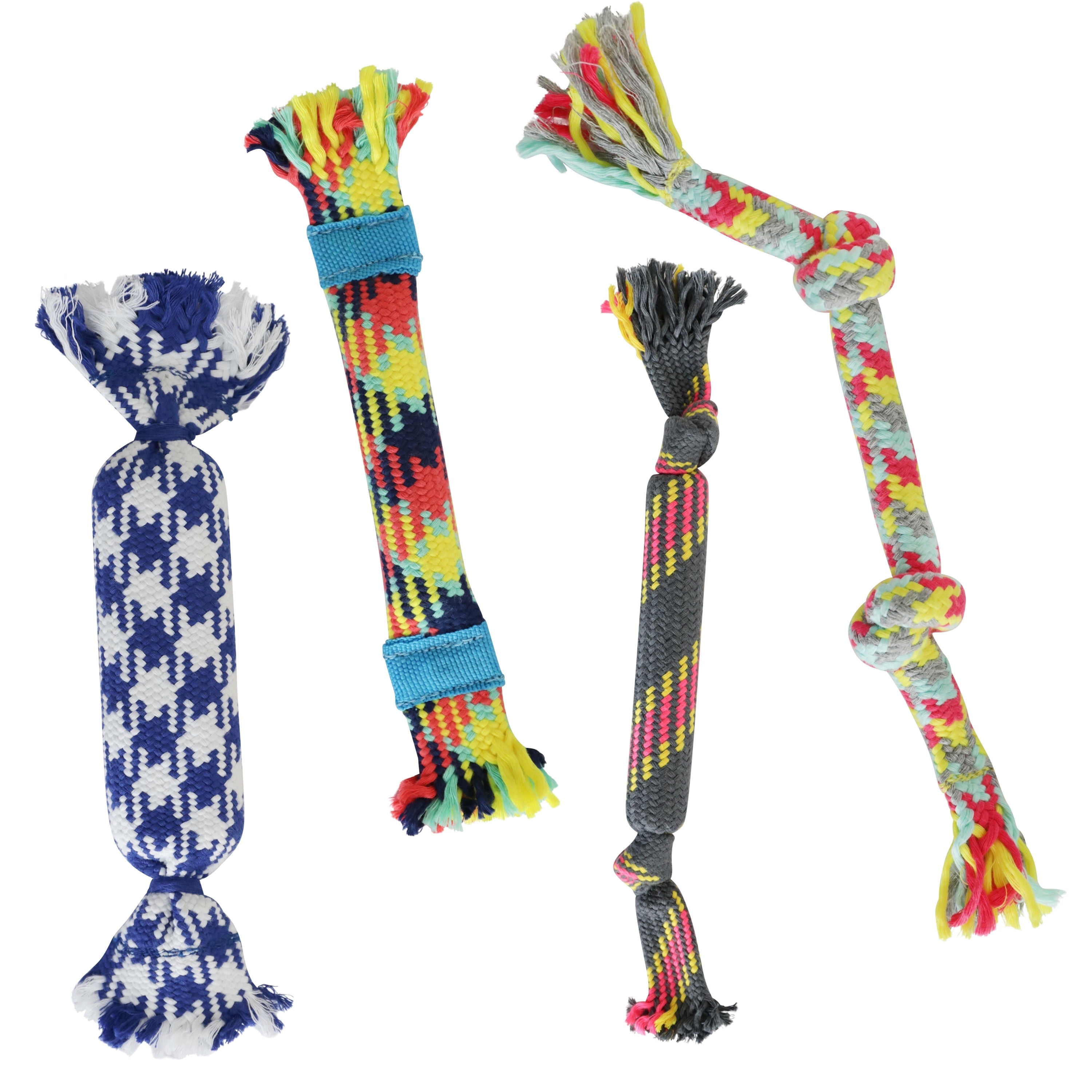 rocket & rex Dog Rope Tug Set for Small Breeds, Includes Ropes with Rubber Interiors, a Squeaker & Crackle Lining, Reduces Destructive Chewing & Anxiety (Pack of 4)