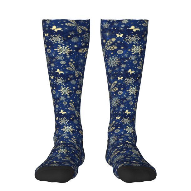 Fotbe Dark Blue Christmas Calcetas Divertidas Estampadas para Hombre y Mujer, Calcetas de Algodón hasta la Rodilla para Caminar, Correr, Enfermería y Embarazo