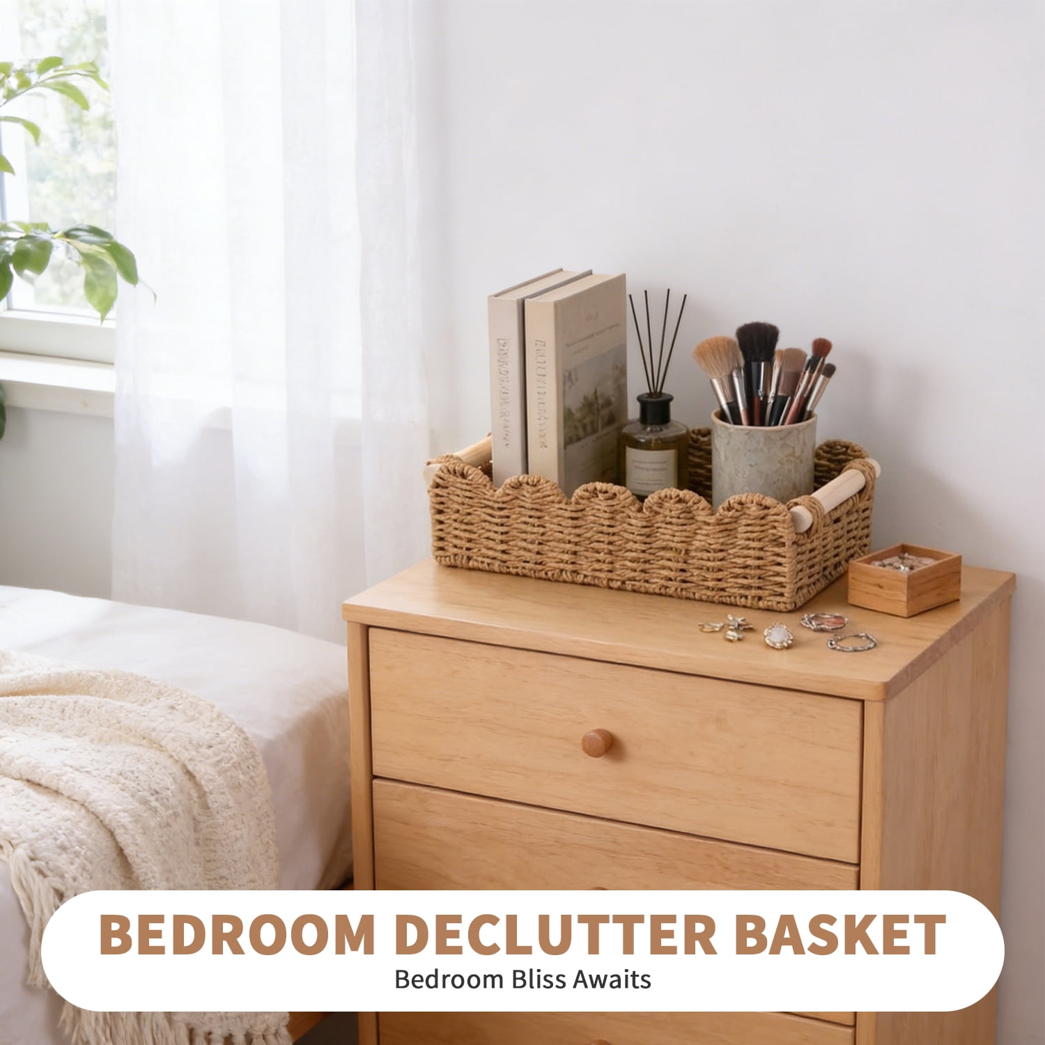 Yucurem Wicker Storage Basket with Wooden Handles, Wicker Toilet Basket for Tank Topper, Hand Woven Rattan Organizer Bin for Bathroom Home