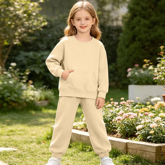 Gamivast 2 Piece Sweatsuit Outfit for Girl Long Sleeve Pullover Hoodie Sweatpants Tracksuit Set Casual Activewear Jogger Set Beige 6 Years