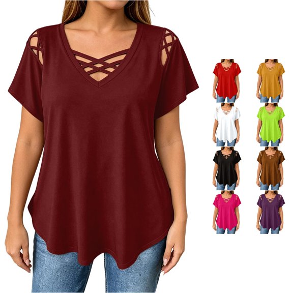 RUTAYY Women's T-Shirt Elegant Plus Size V-Neck Short Sleeve Tee Shirts Solid Color Strap Detail Casual Tops Fashion Seaside Tees