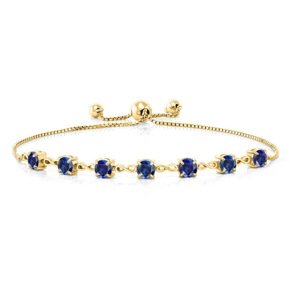 Gem Stone King 18K Yellow Gold Plated Silver Blue Created Sapphire Infinity Links Bracelet for Women (2.45 Cttw, Round 4.5MM, Fully Adjustable up to 9 inch)