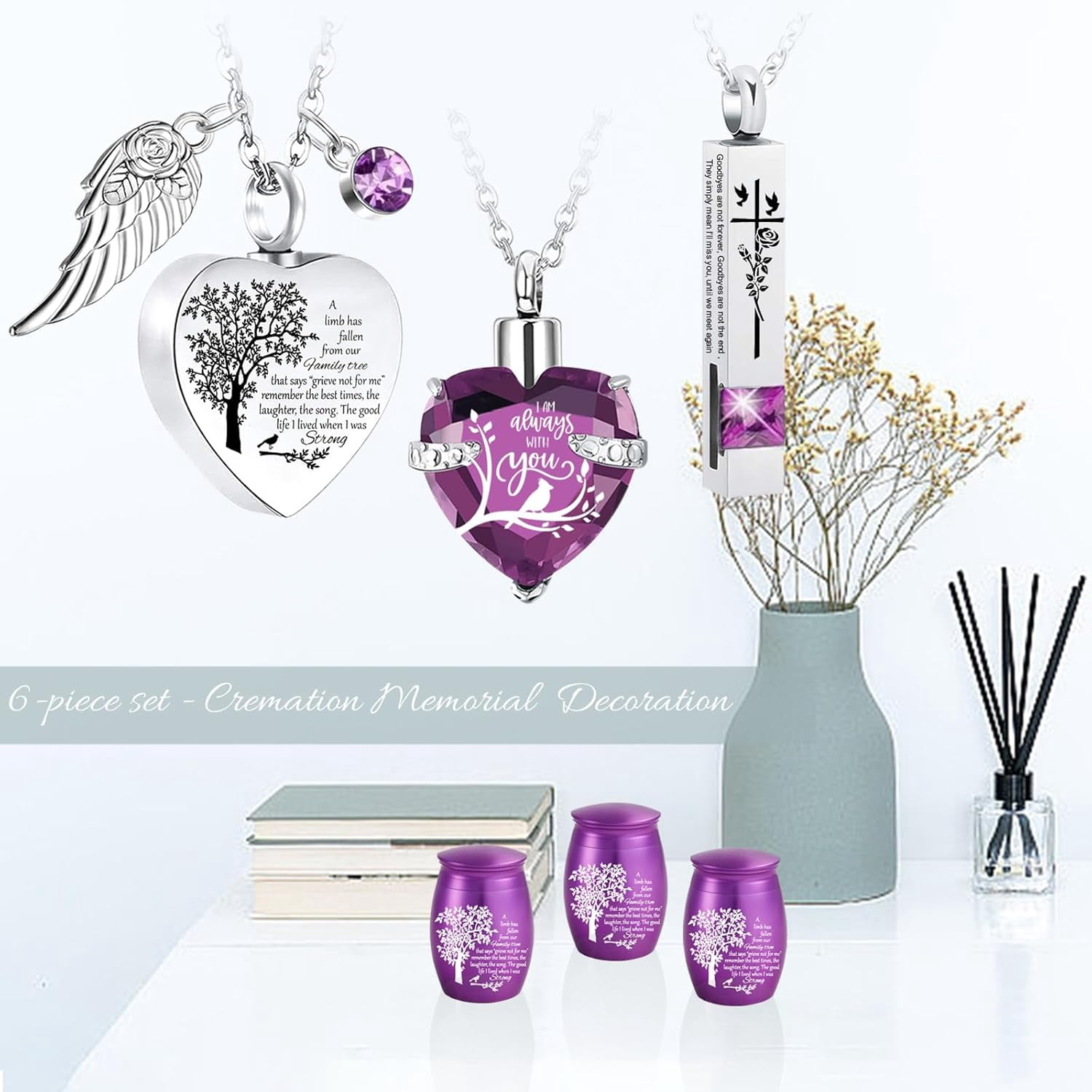 Cremation Urn Necklace for Ashes Set of 6- Small Cremation Urns for Human/Pet Keepsake Sharing Urns Memorial Ashes Holder-a Limb has Fallen from the Family Tree (6Pcs-Purple)
