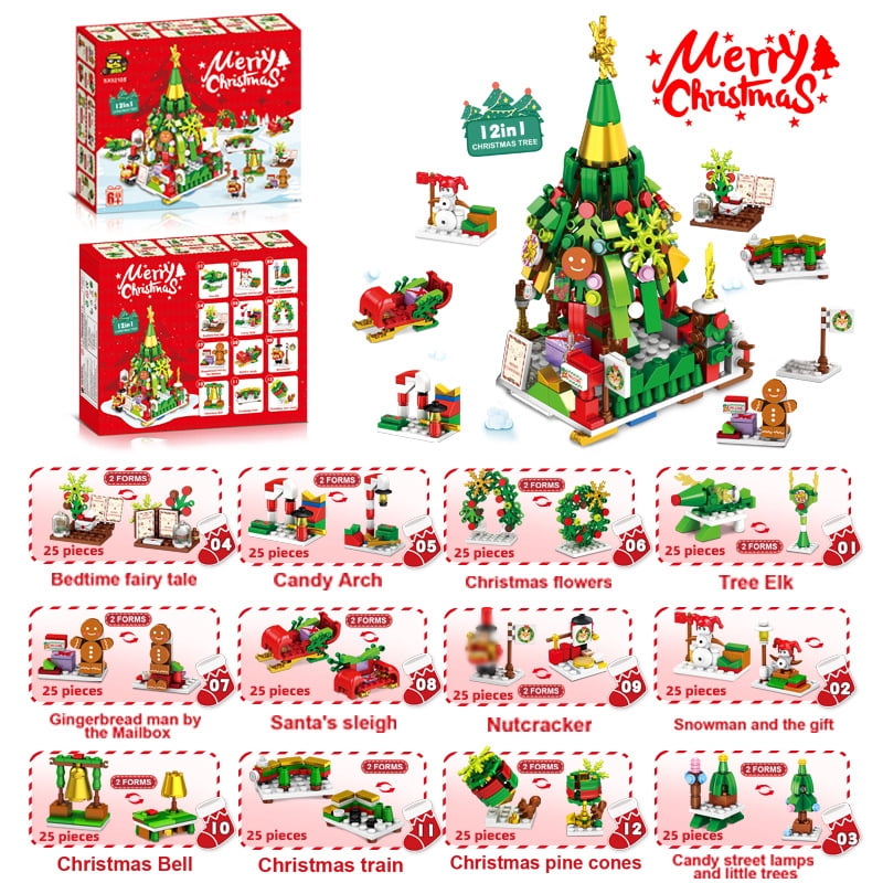 12-in-1 Christmas Tree Building Block Set for Adults with 300Pieces Mini Building Blocks for Kids Christmas Birthday Gifts Stocking Stuffers