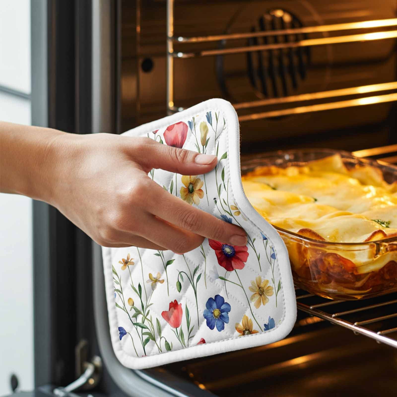 Pink Colorful Poppy Pot Holders for Kitchen Heatproof Potholder, 5 Pack Spring Pastoral Flowers Leaves Hot Pads Multipurpose Oven Pads Cloth Potholders Trivet for Cooking Baking