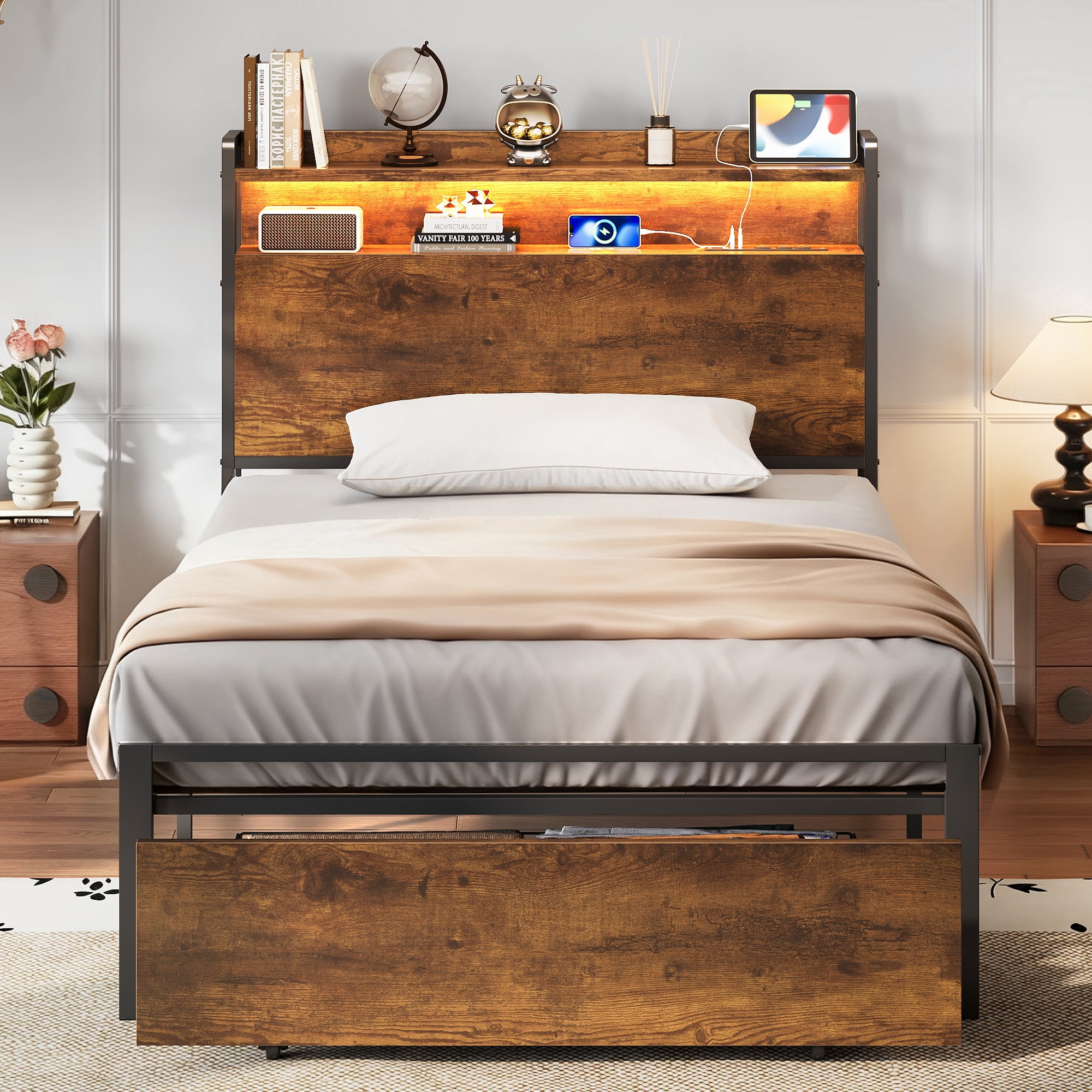Casacomoda Twin Size Bed Frame with Storage Headboard, Metal Platform Bed Frame with Storage Drawer, Bed Frame with Charging Station & LED Light, No Box Spring Needed, Vintage and Black
