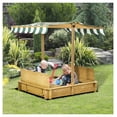 thumbnail image 2 of Wooden Kids Sandbox with Cover, Children Outdoor Sand Box with Foldable Seats, Adjustable Canopy, Bottom Liner for Outdoor, Brown, 2 of 9