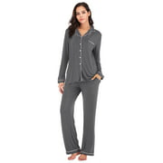 Button-down Pajamas Set Notch Collar Pjs Sleepwear Long Sleeve Long Pants Womens Gray