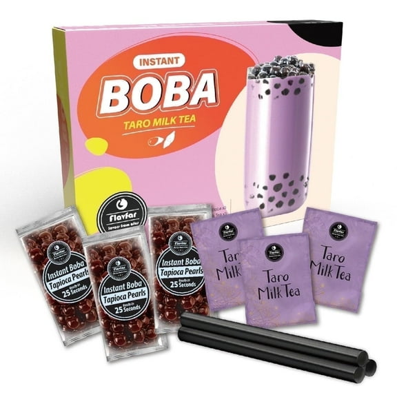 Flavfar Taro Boba Milk Tea Kit with Brown Sugar Tapioca Pearls – Instant Bubble Tea, 3 Servings