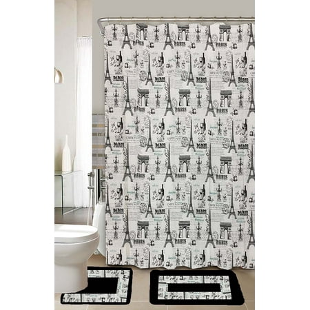 Paris Black & White 15-Piece Bathroom Accessory Set 2 Bath Mats Shower Curtain & (Best Price Shower Enclosures)