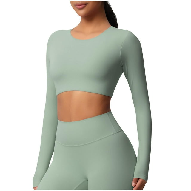 Timegard Hauts de Yoga pour Femmes Skinny Extensible Col Rond Manches Longues Cropped Tops de Gym Couleur Unie
