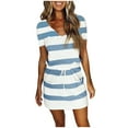 thumbnail image 1 of Beach Dresses for Women Casual Summer, Women's Hide Belly Blouson Knee Length Dress Summer Casual Striped T Shirt Dresses Short Sleeve V Neck Midi Dress, 1 of 5